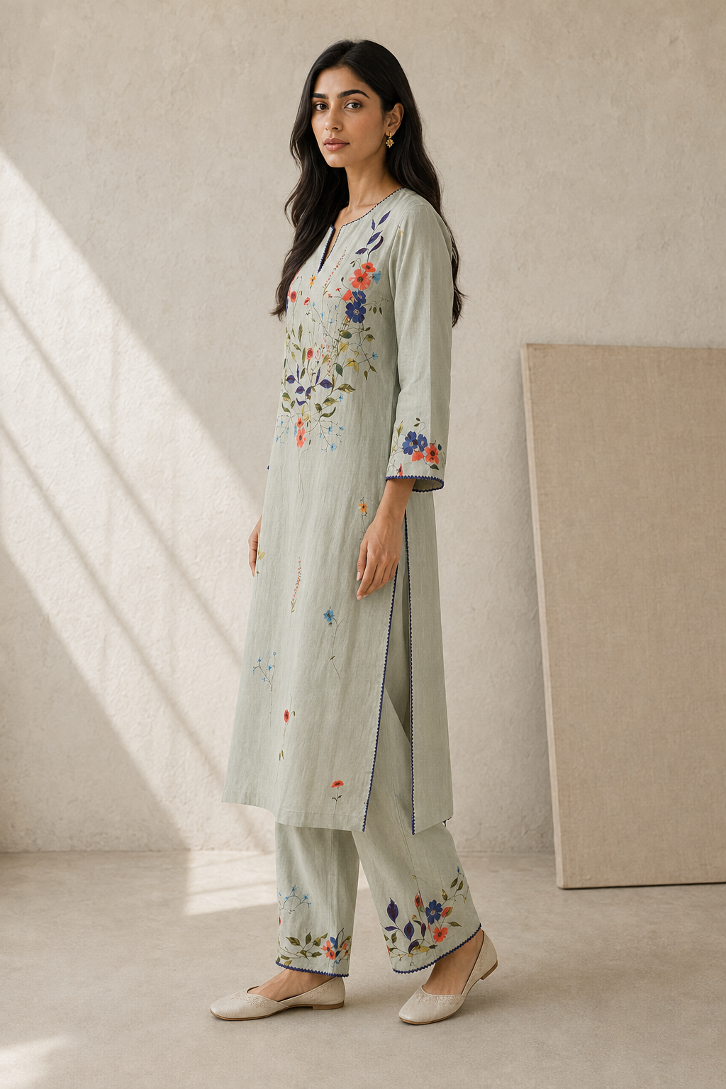 Floral Linen Kurta Set-Blue