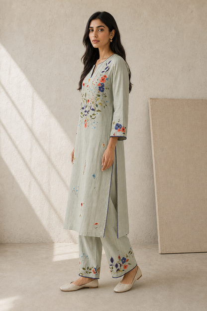 Floral Linen Kurta Set-Blue