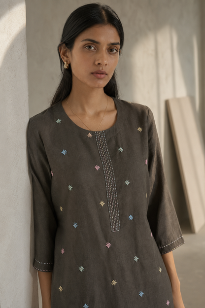 Charcoal Linen Embroidered Kurta Set
