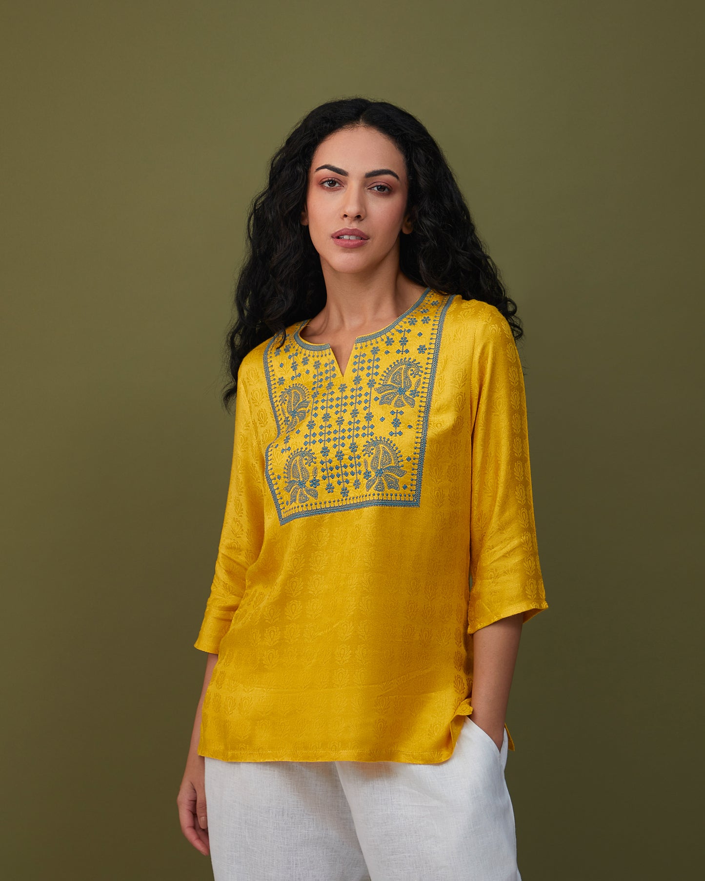 Yellow Jacquard Embroidered Tunic