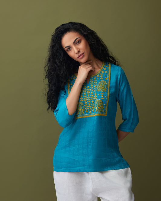 Turquoise Jacquard Embroidered Tunic