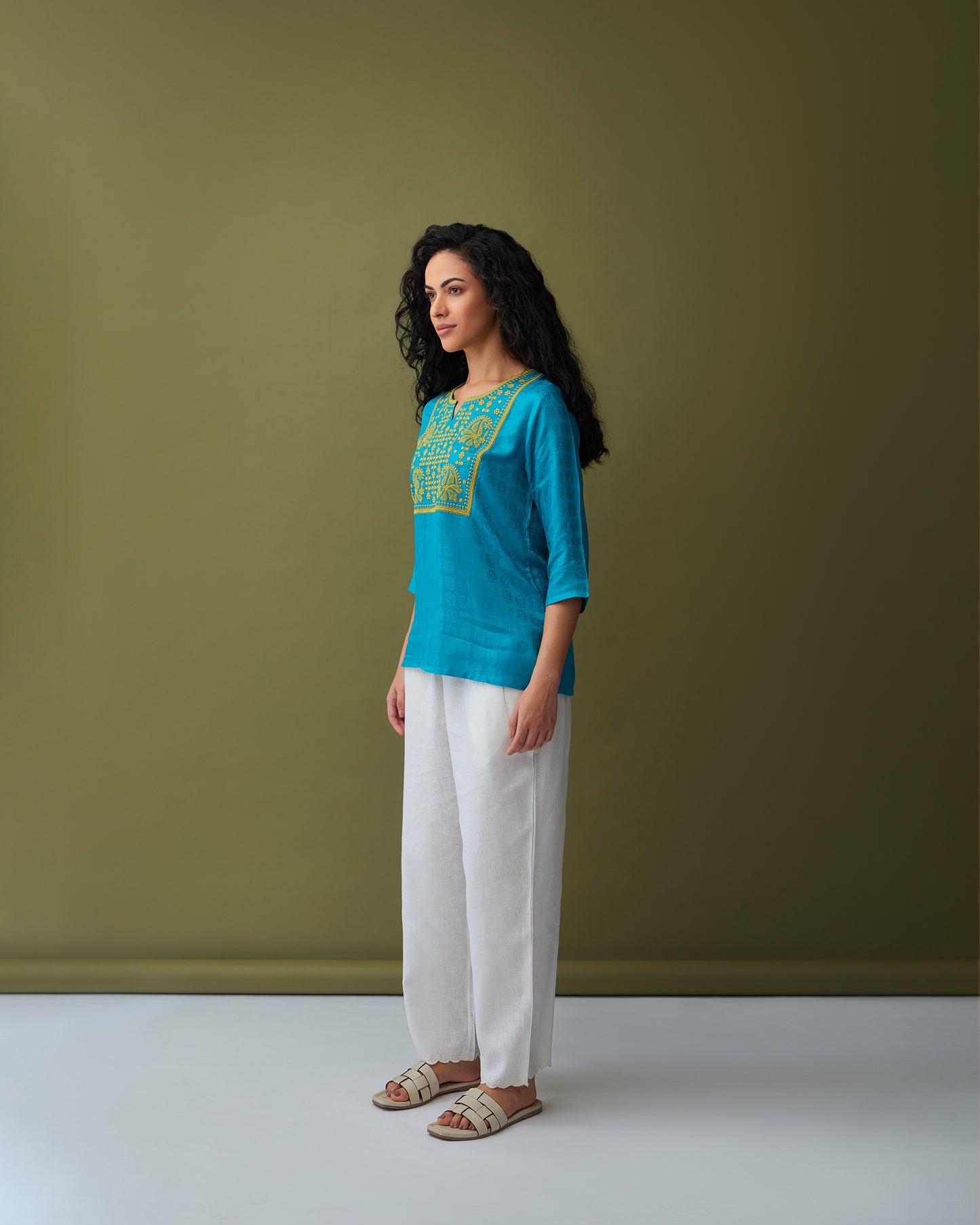 Turquoise Jacquard Embroidered Tunic