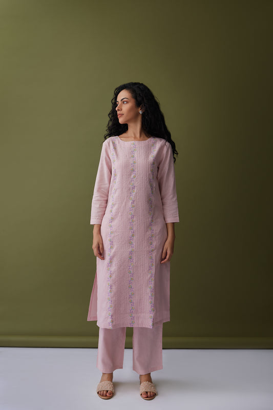 Soft Pink Drops Linen Embroidered Kurta Set