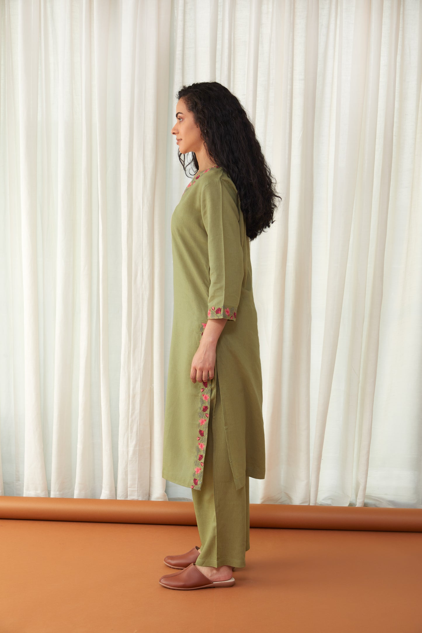 Bay Leaf Green Linen Kurta with Farshi Pants