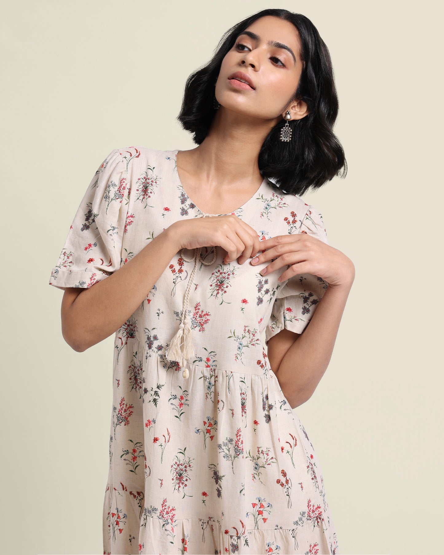 Floral Linen Dress-Cream