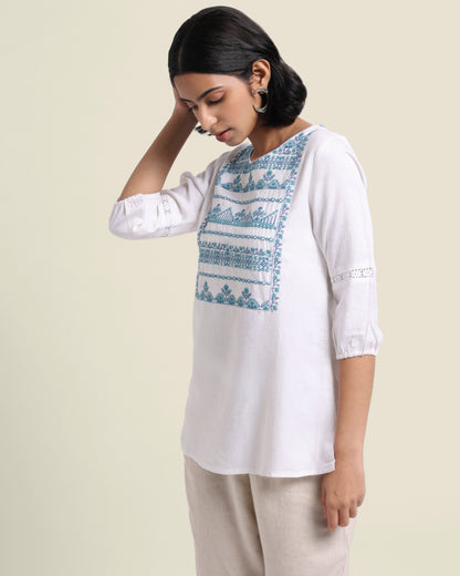 White Embroidered Linen Top