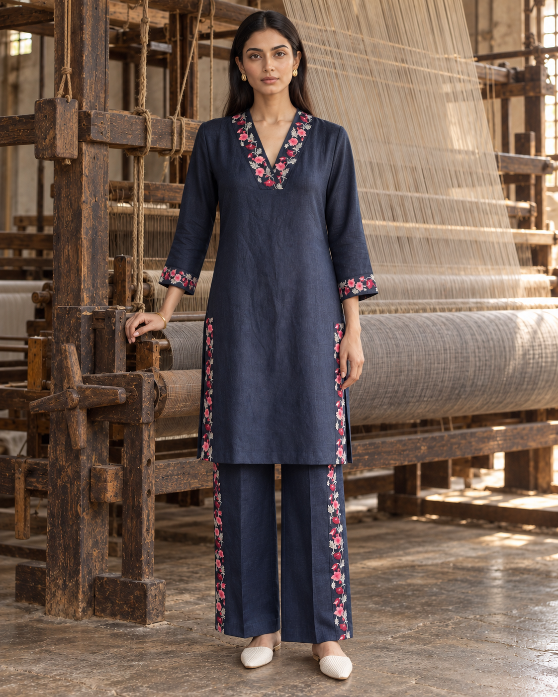 100% Hemp Embroidered Co-ord Set- Navy