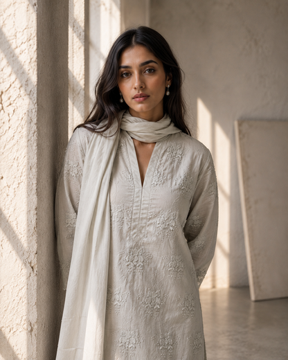 Powder Blue 100% Cotton Tonal Applique Kurta Set