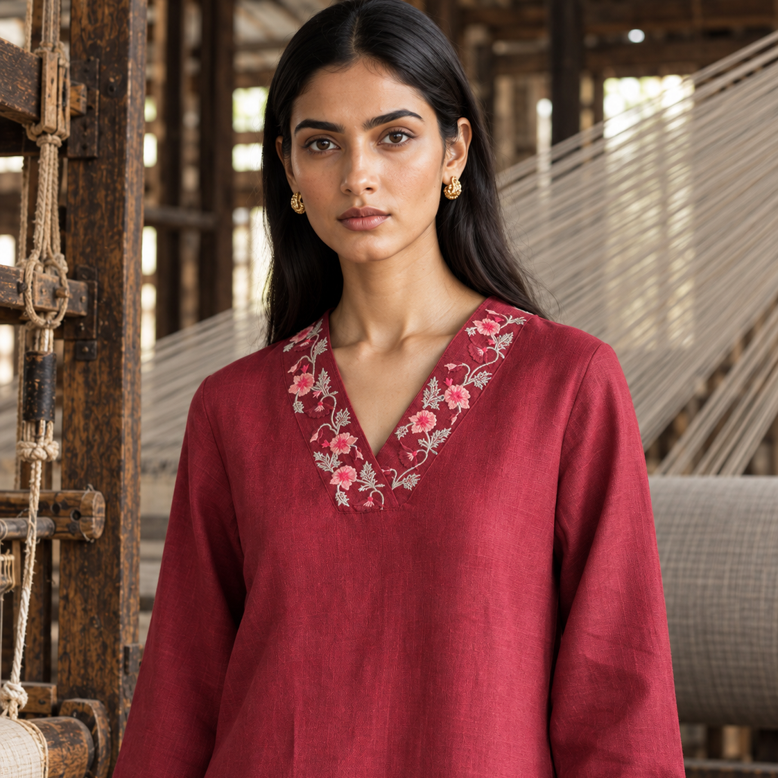 100% Hemp Embroidered Co-ord Set- Maroon