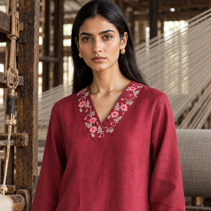 100% Hemp Embroidered Co-ord Set- Maroon