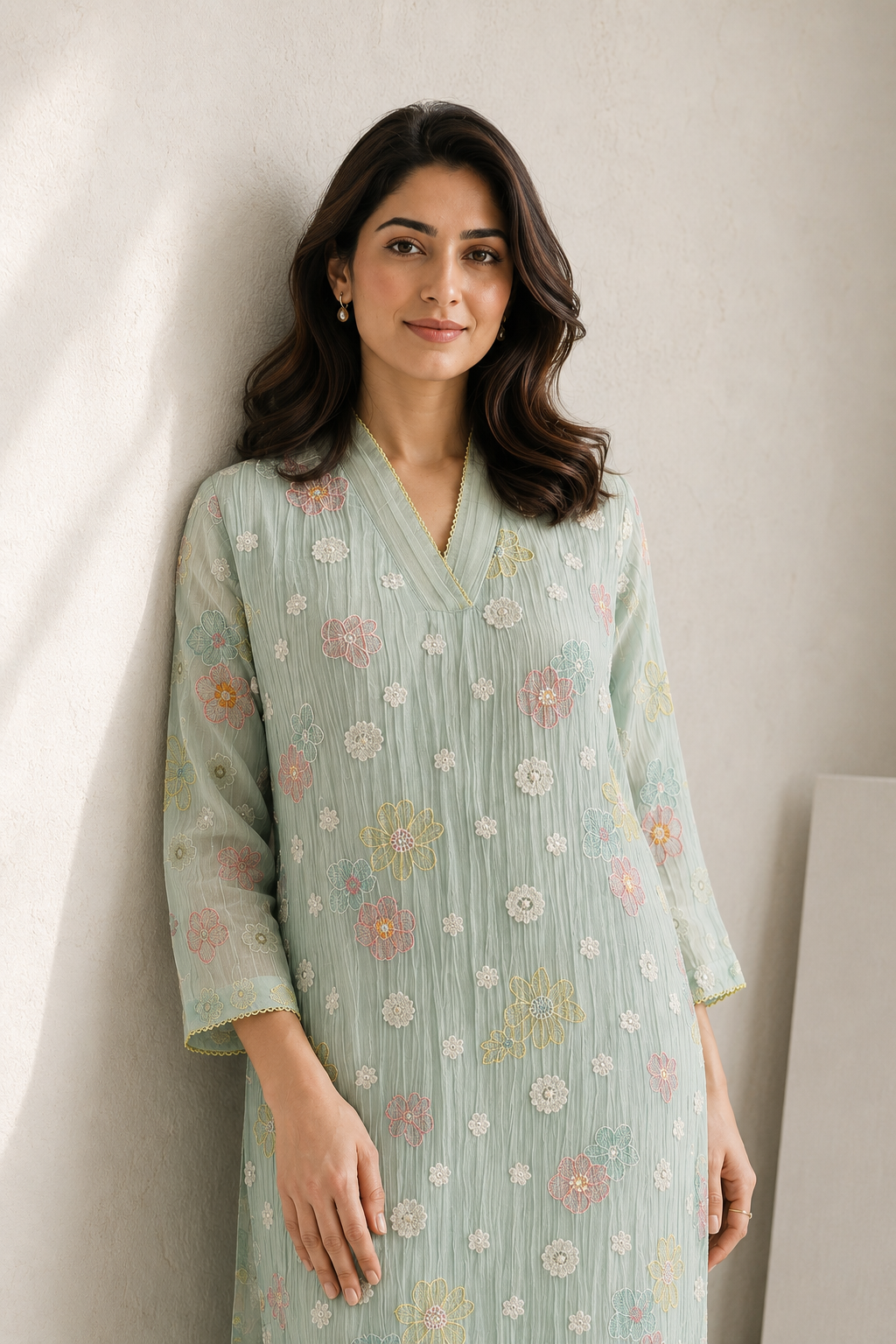 Vegan Silk Crinkle Embroidery Kurta Set- Sea Green