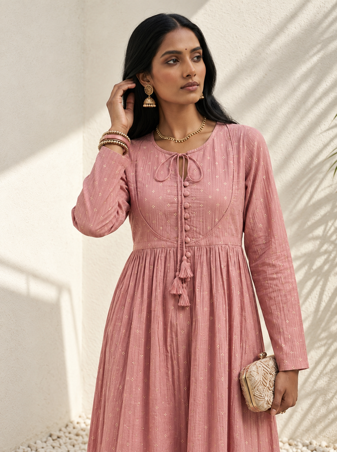 Cupro Anarkali Set-Pink