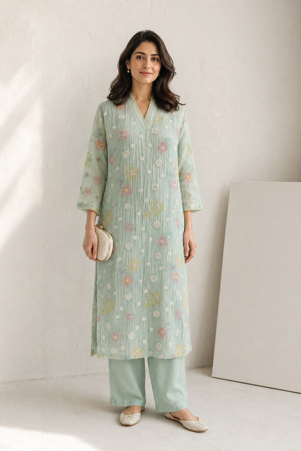 Vegan Silk Crinkle Embroidery Kurta Set- Sea Green