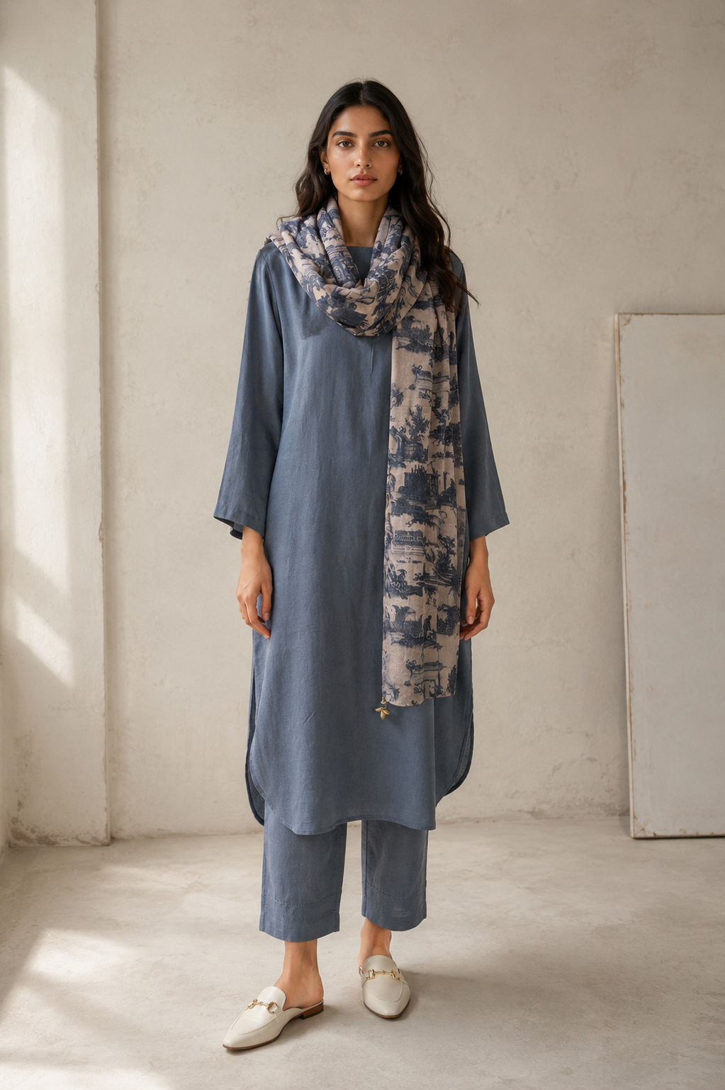 Rozana Linen Kurta Set- Blue