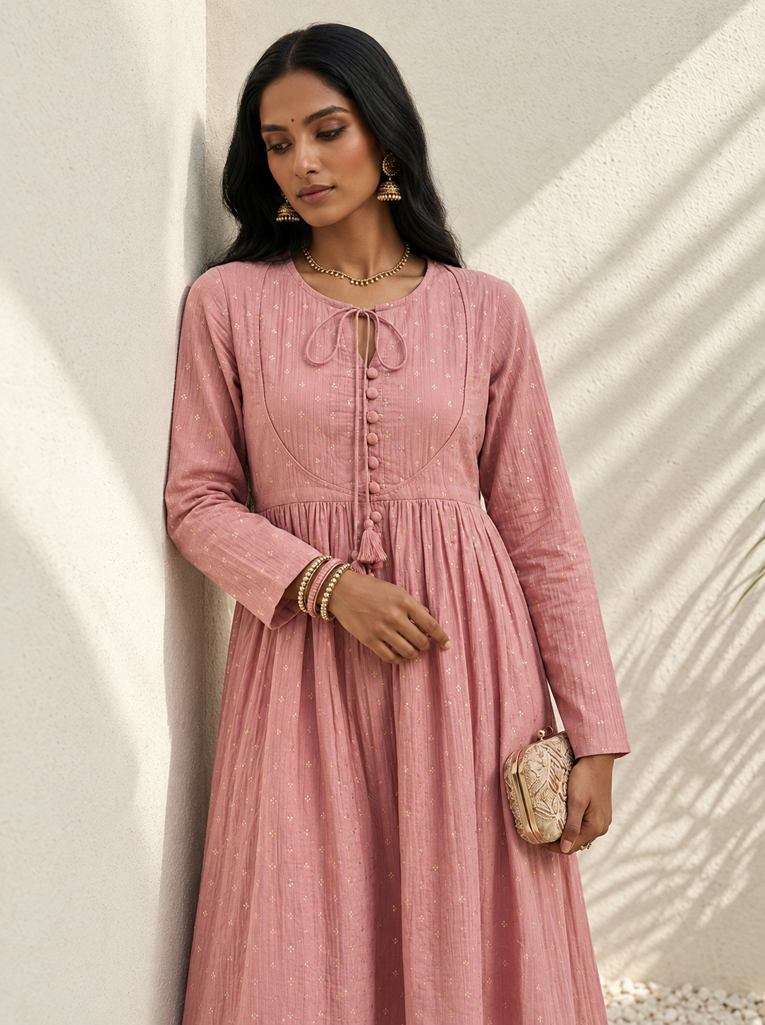 Cupro Anarkali Set-Pink