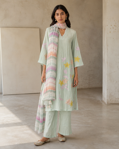Crinkle Vegan Silk Applique Kurta Set (of 3)- Artic Blue