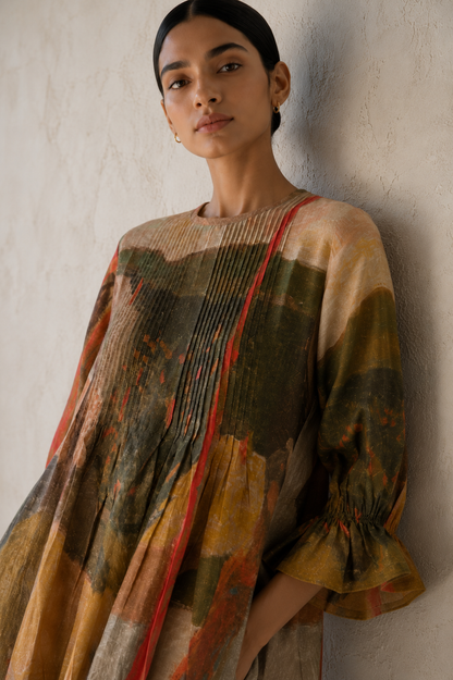 Earth Palette Linen Dress with Pintuck Details