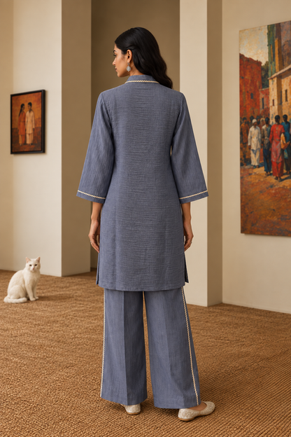 Cotton Silk Blue Embroidered Kurta Set