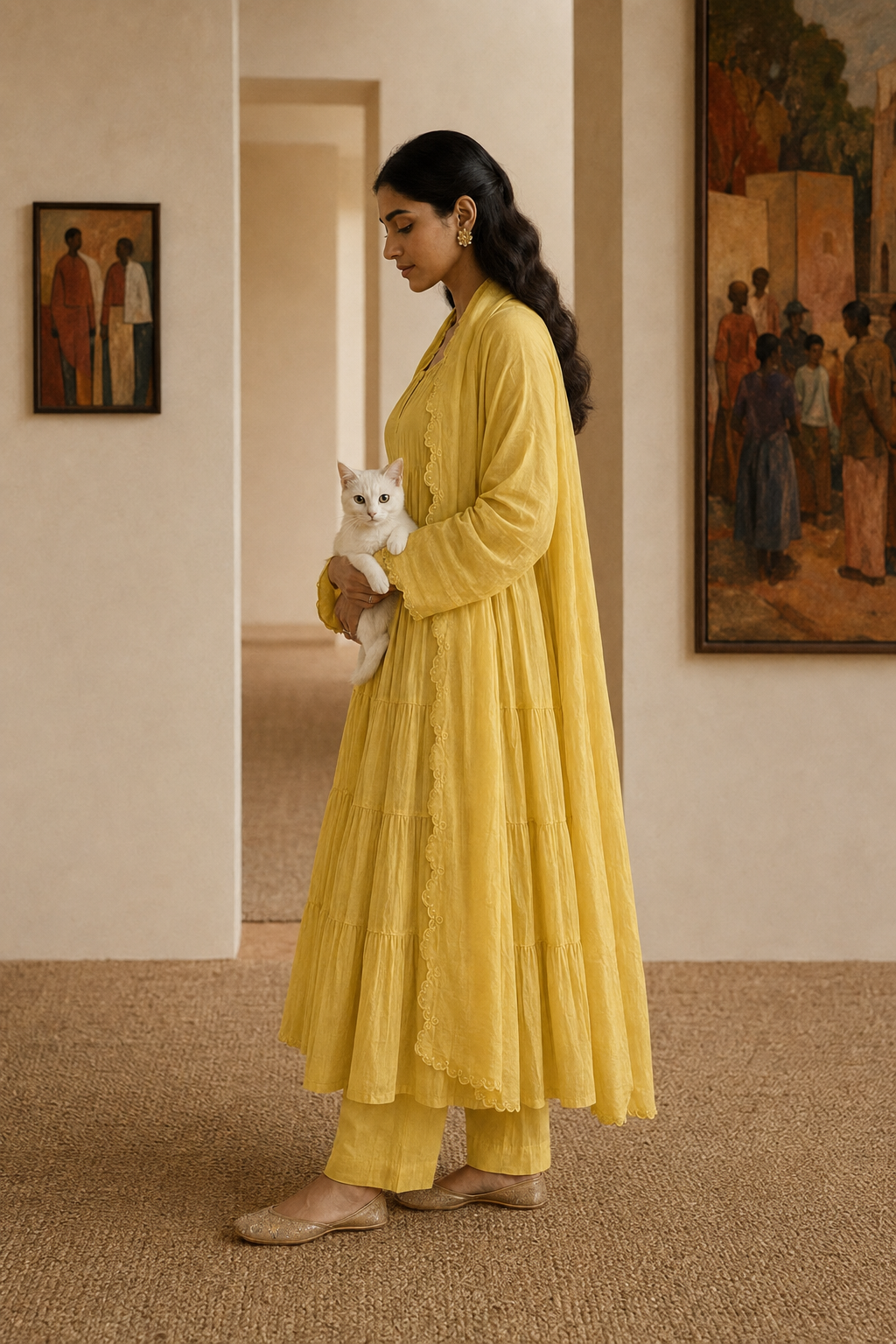 Cupro Tiered Anarkali Set- Yellow