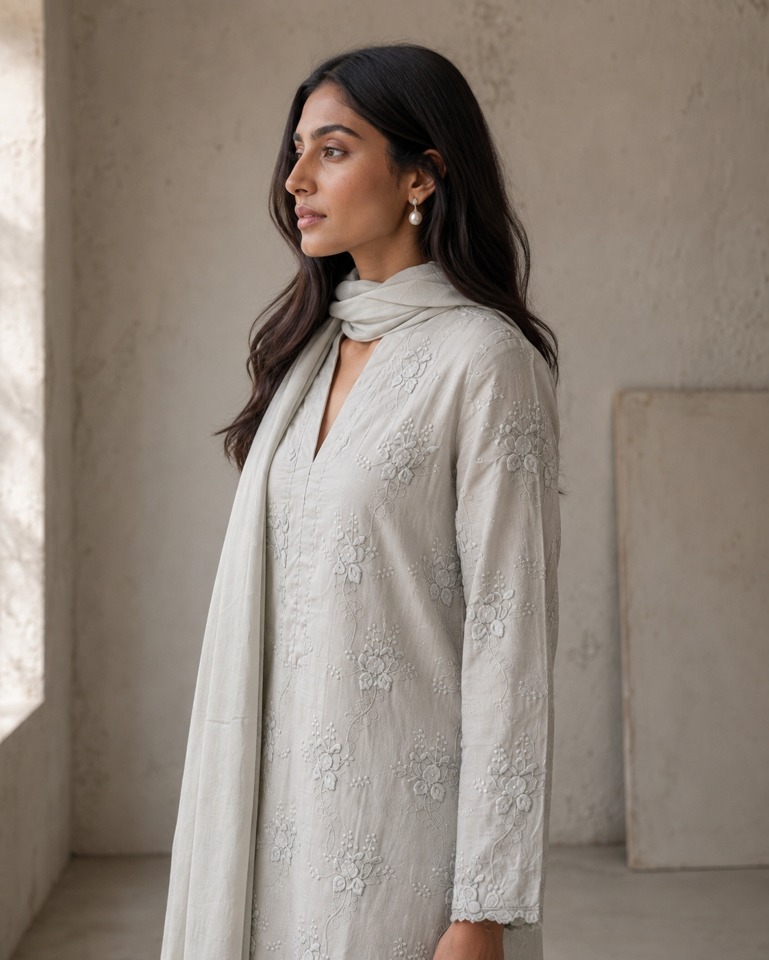 Powder Blue 100% Cotton Tonal Applique Kurta Set