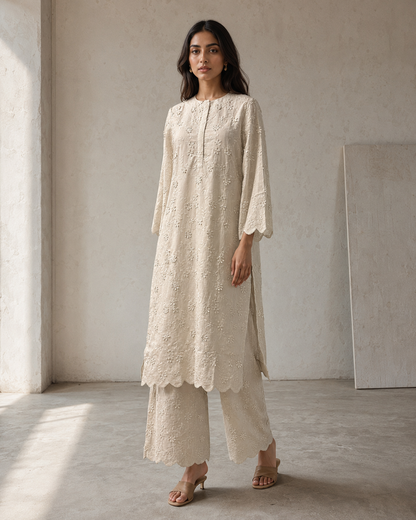 Oat 100% Cotton Tonal Appliqué Scalloped Kurta Set