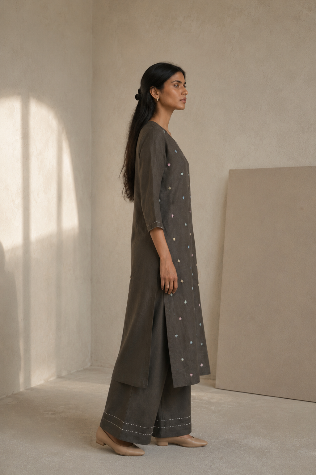 Charcoal Linen Embroidered Kurta Set