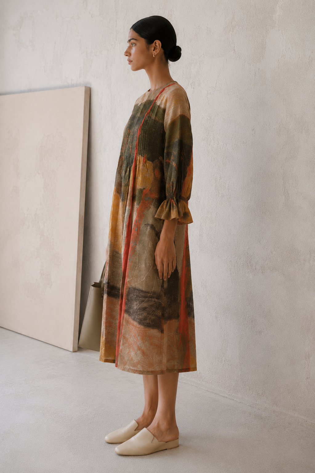 Earth Palette Linen Dress with Pintuck Details