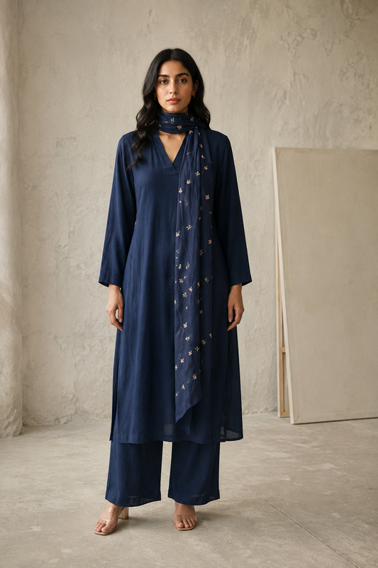 Rozana Linen Kurta Set-Navy Blue