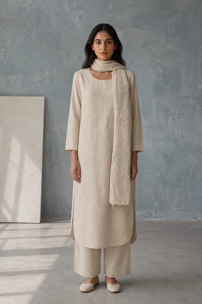 Rozana Linen Kurta Set with Schiffli Embroidered Dupatta