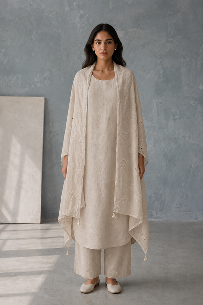 Rozana Linen Kurta Set with Schiffli Embroidered Dupatta
