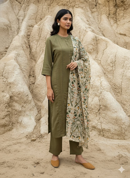 Olive Karimiori Linen Lace Kurta Set with Scarf