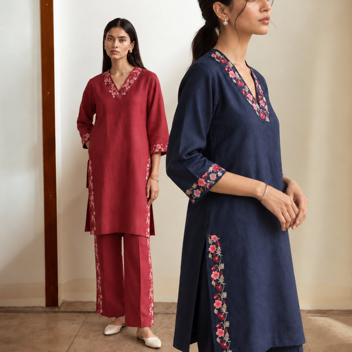 100% Hemp Embroidered Co-ord Set- Maroon