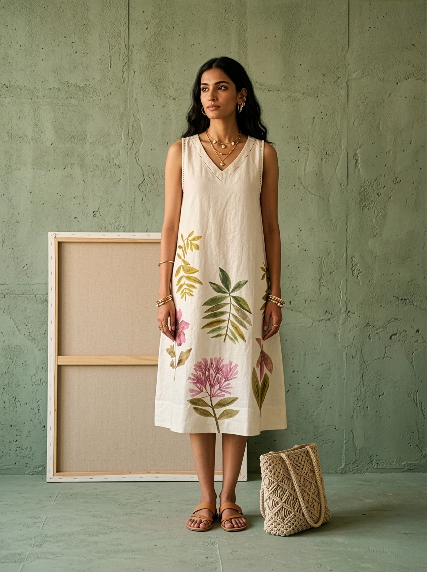 100% Hemp Cream Floral Dress