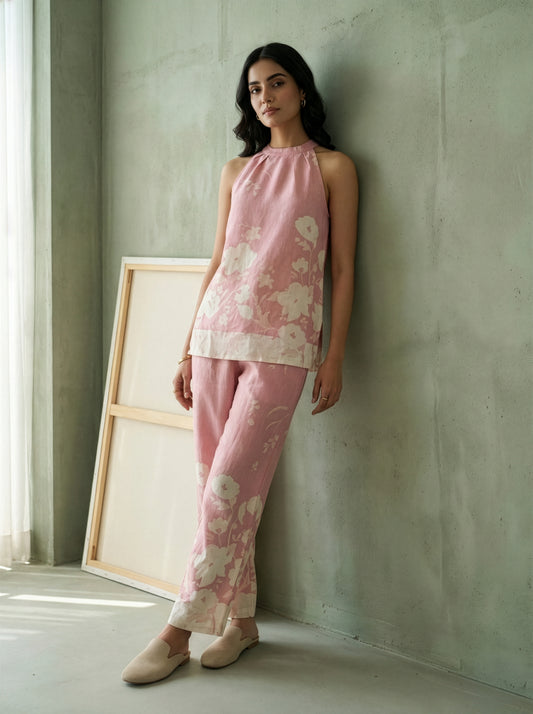 Salmon Pink Floral Linen Co-ord Set