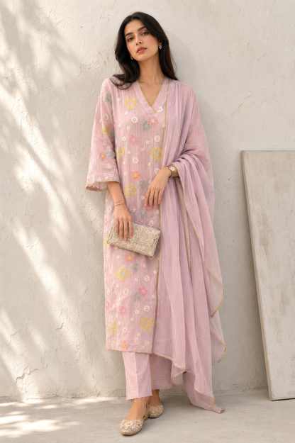 Vegan Silk (Cupro) Crinkle Embroidery Kurta Set-Lavender
