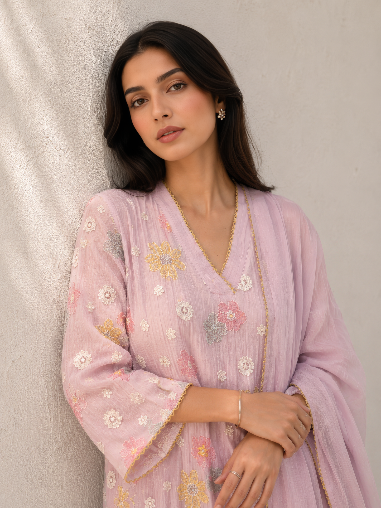 Vegan Silk (Cupro) Crinkle Embroidery Kurta Set-Lavender