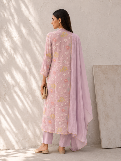 Vegan Silk (Cupro) Crinkle Embroidery Kurta Set-Lavender