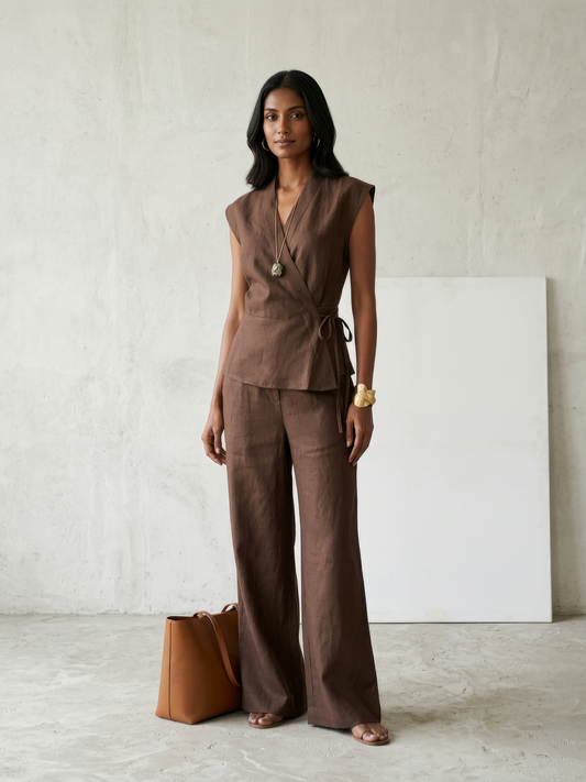Linen Crossover Co-ord Set- Brown