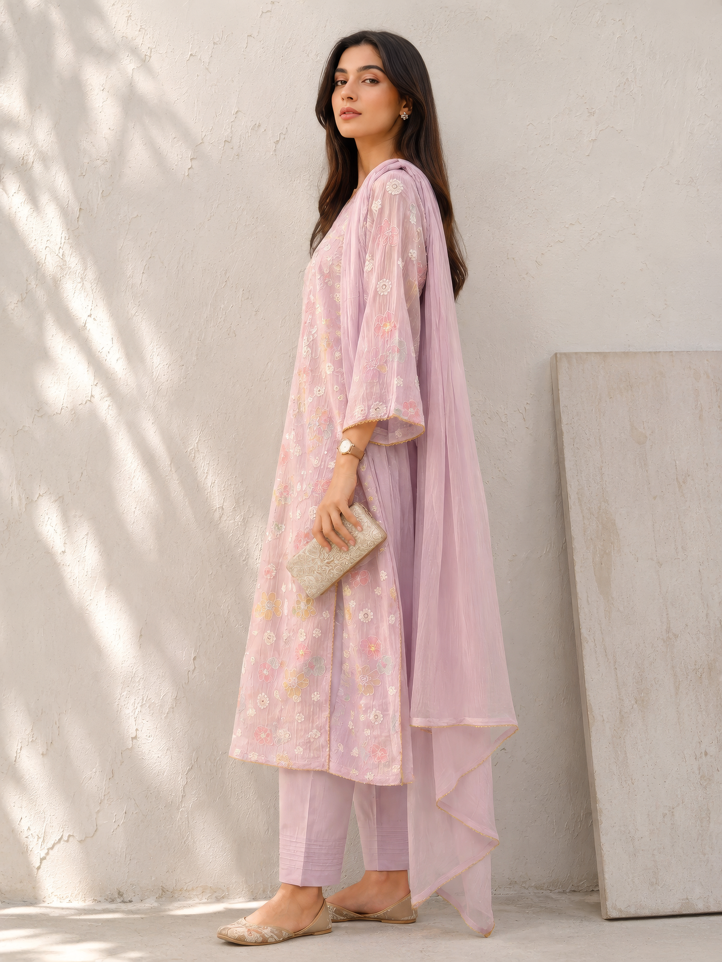 Vegan Silk (Cupro) Crinkle Embroidery Kurta Set-Lavender