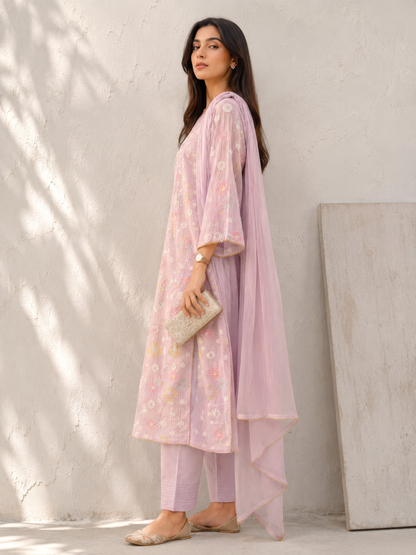 Vegan Silk (Cupro) Crinkle Embroidery Kurta Set-Lavender