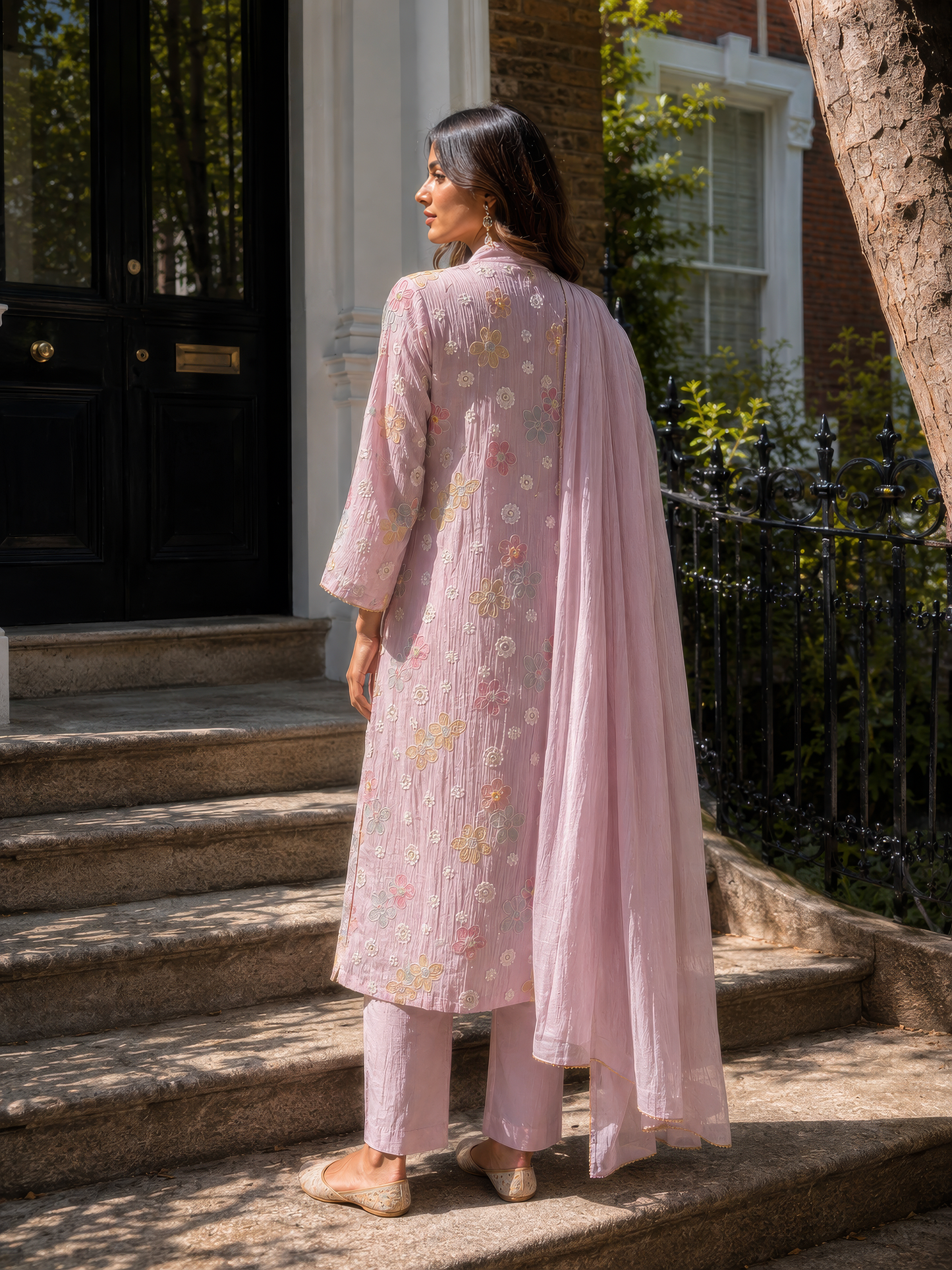 Vegan Silk (Cupro) Crinkle Embroidery Kurta Set-Lavender