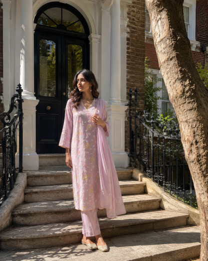Vegan Silk (Cupro) Crinkle Embroidery Kurta Set-Lavender