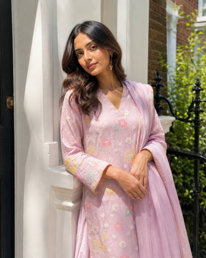 Vegan Silk (Cupro) Crinkle Embroidery Kurta Set-Lavender