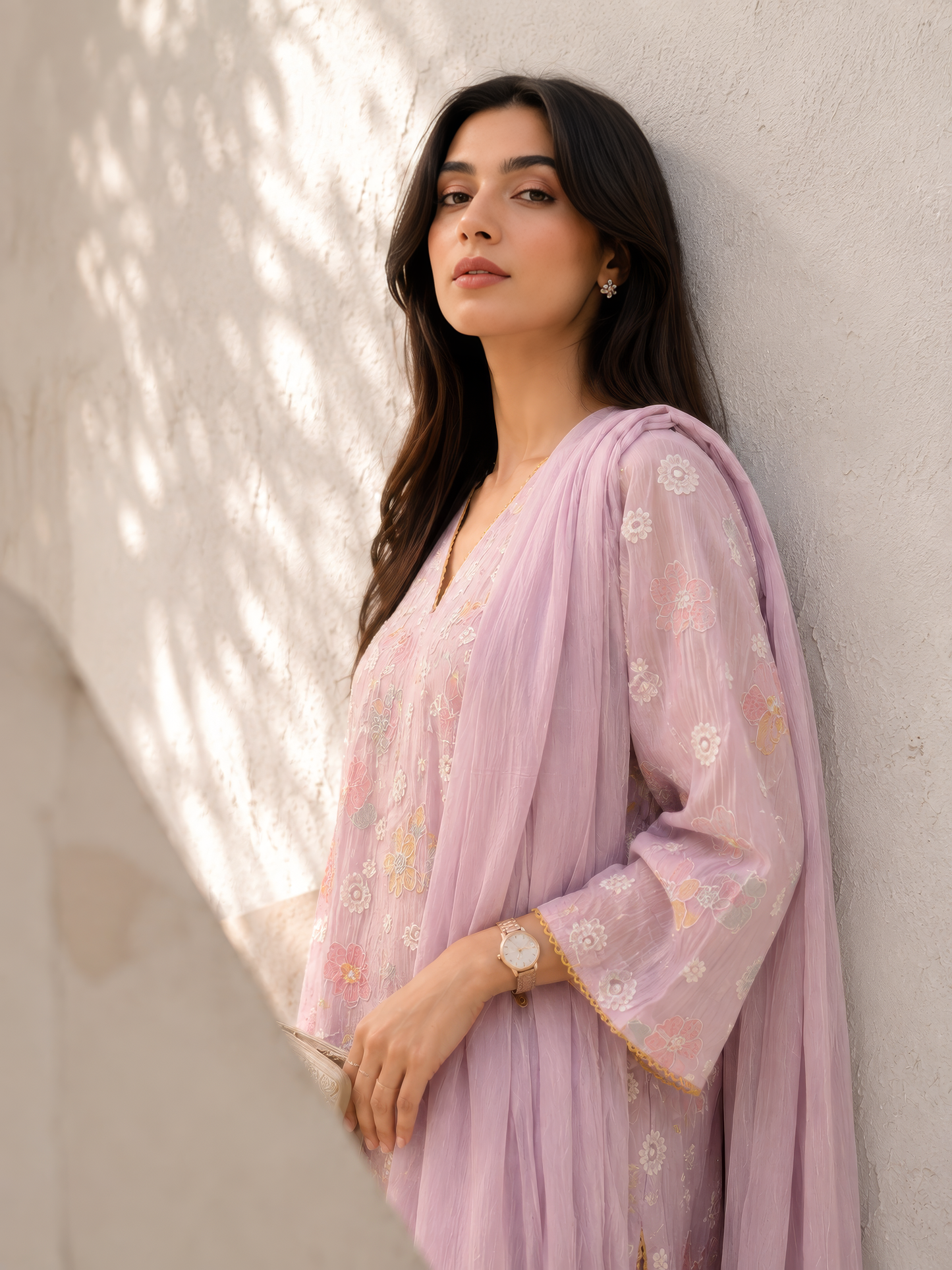 Vegan Silk (Cupro) Crinkle Embroidery Kurta Set-Lavender