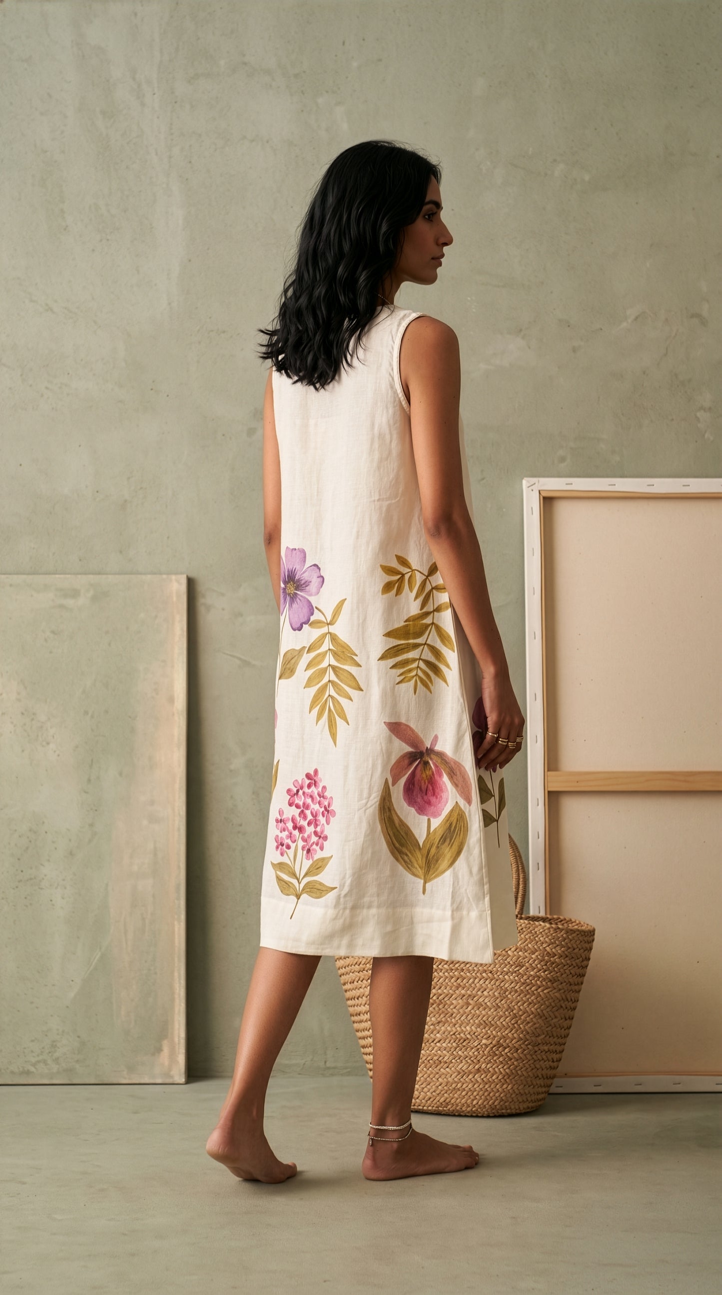 100% Hemp Cream Floral Dress