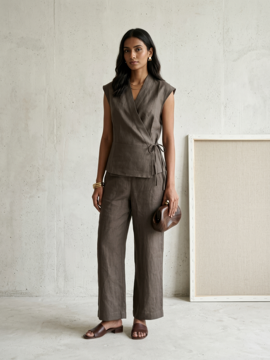 Linen Crossover Co-ord Set- Charcoal