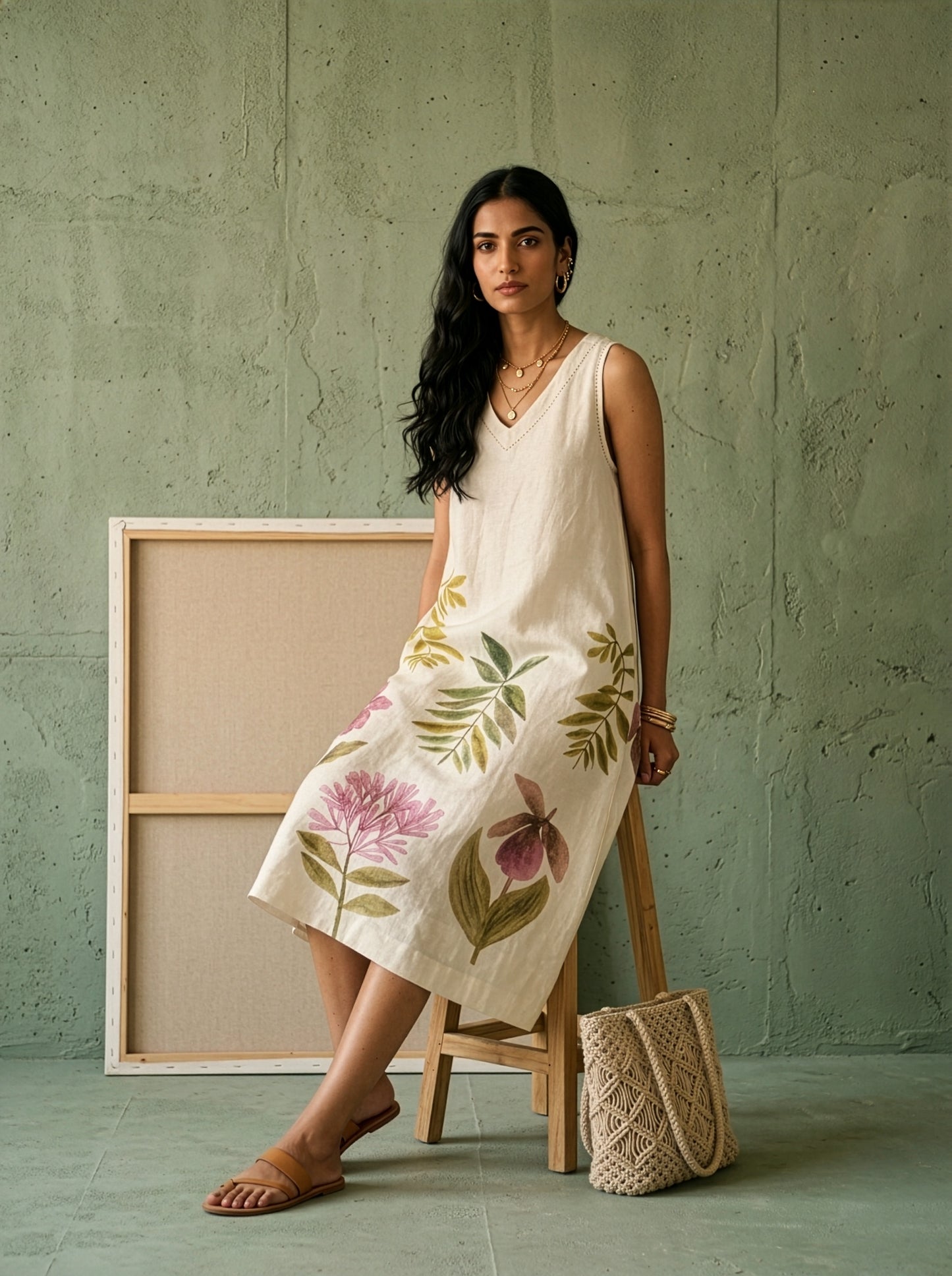 100% Hemp Cream Floral Dress