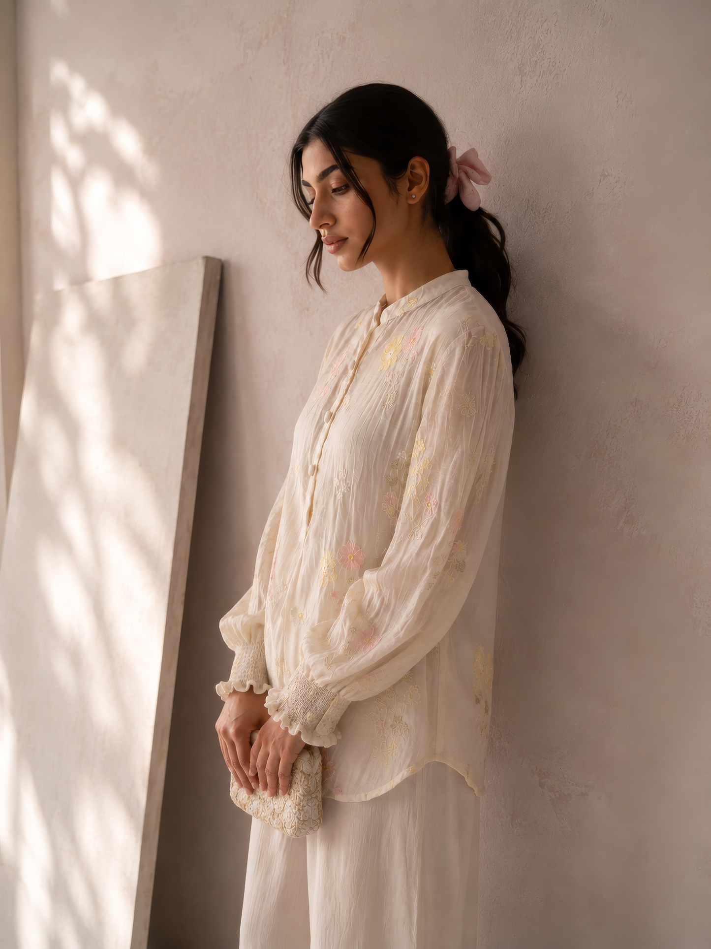 Vegan Silk White Embroidered Top
