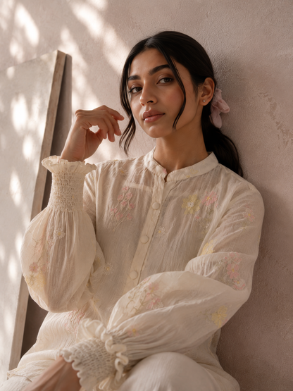 Vegan Silk White Embroidered Top