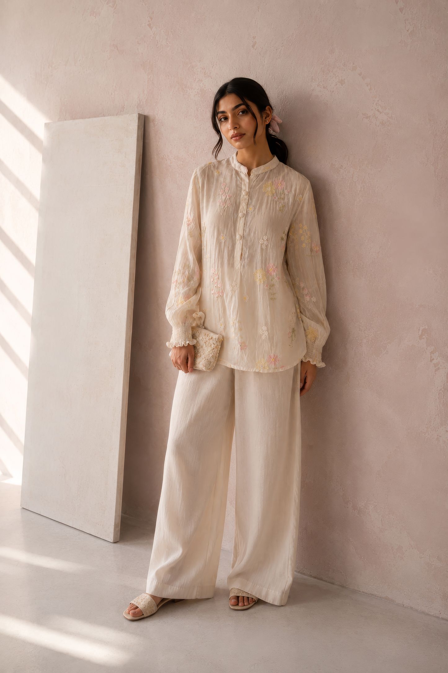 Vegan Silk White Embroidered Top